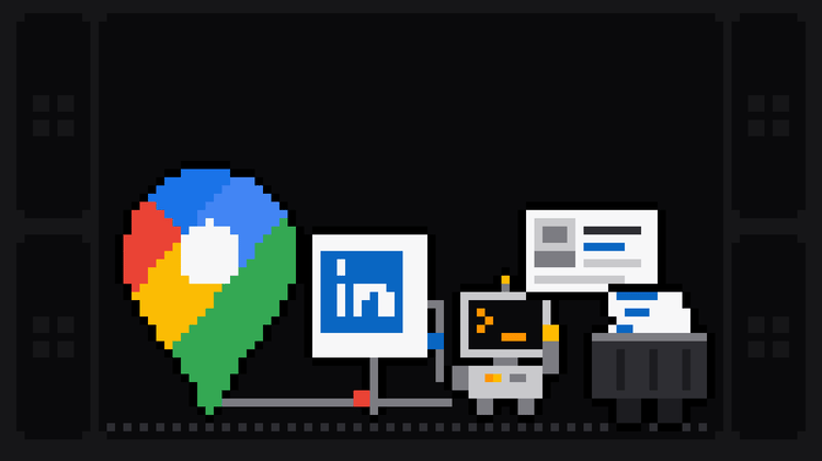 Pixel-art robot with an orange >_ on its terminal head carries a lead card with an avatar and contact lines to a crate of leads, with cables running to it from the Google Maps pin and from a sign bearing the blue LinkedIn logo