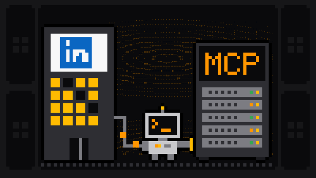 Pixel-art robot with an orange >_ on its terminal head carries a cable from an office tower with the blue LinkedIn logo on its sign into a server rack labelled MCP