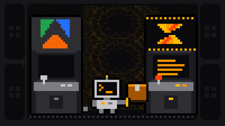 Pixel-art robot with an orange >_ on its terminal head carries a cardboard box away from a switched-off arcade cabinet bearing the Apify logo towards a lit cabinet bearing the Scrape.ly logo