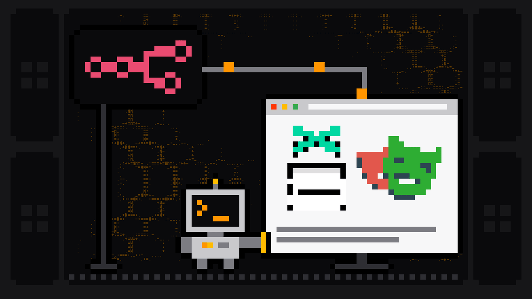 Pixel-art robot with an orange >_ on its terminal head reaches out to drive a browser window showing the green Puppeteer and the Playwright logos, fed by a cable with data packets from a dark workflow node bearing the pink n8n logo