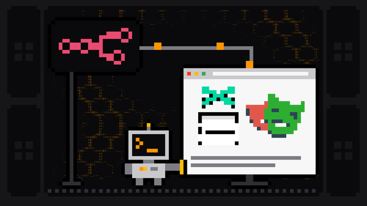 Pixel-art robot with an orange >_ on its terminal head reaches out to drive a browser window showing the green Puppeteer and the Playwright logos, fed by a cable with data packets from a dark workflow node bearing the pink n8n logo