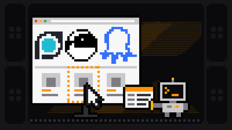 Pixel-art robot with an orange >_ on its terminal head pulls a data card out of a browser window whose top row shows the ParseHub, Browse AI and Octoparse logos, where a pointer clicks a product tile framed by an orange selection