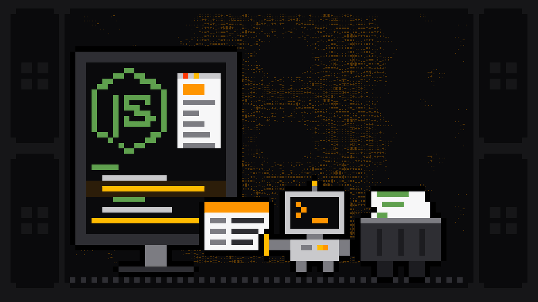Pixel-art robot with an orange >_ on its terminal head pulls a data card out of a monitor showing the green Node.js hexagon logo beside a small web page, above lines of code, and drops it into a crate