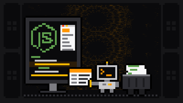 Pixel-art robot with an orange >_ on its terminal head pulls a data card out of a monitor showing the green Node.js hexagon logo beside a small web page, above lines of code, and drops it into a crate