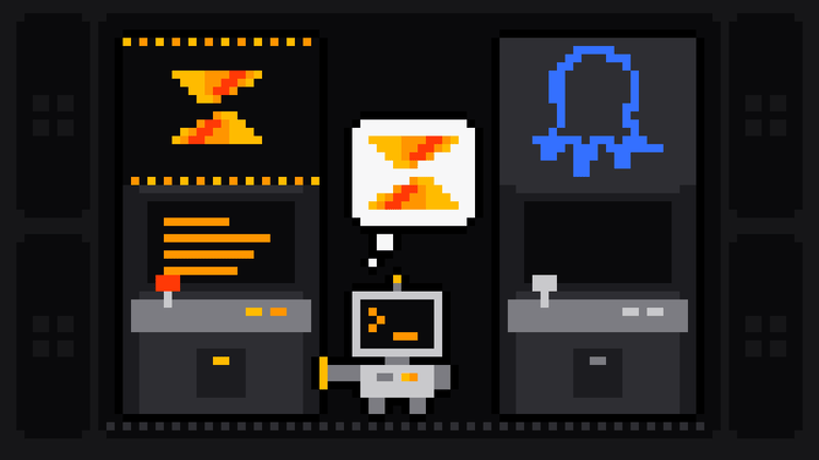 Pixel-art robot with an orange >_ on its terminal head walks up to a lit arcade cabinet bearing the Scrape.ly logo and rests its hand on it, thinking of the Scrape.ly mark, while a dark cabinet with the blue Octoparse octopus logo stands switched off