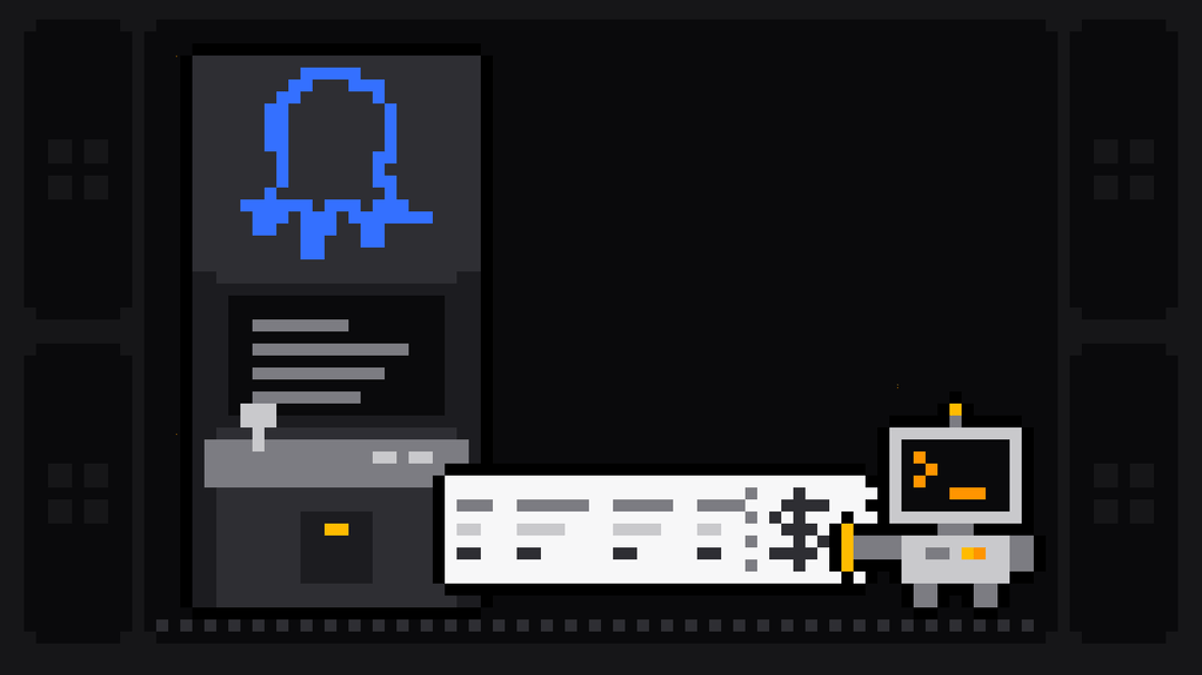 Pixel-art robot with an orange >_ on its terminal head holds the end of a long receipt with a dollar sign that prints out of an arcade cabinet bearing the blue Octoparse octopus logo