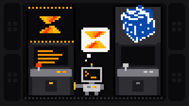 Pixel-art robot with an orange >_ on its terminal head walks up to a lit arcade cabinet bearing the Scrape.ly logo and rests its hand on it, thinking of the Scrape.ly mark, while a dark cabinet with the blue Outscraper cube logo stands switched off