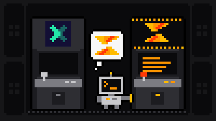 Pixel-art robot with an orange >_ on its terminal head chooses a lit arcade cabinet bearing the Scrape.ly logo, hand on its side and the Scrape.ly mark in its thought bubble, while a dark cabinet with the green and navy Oxylabs logo stands switched off