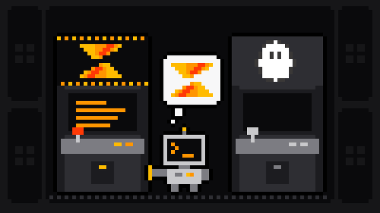 Pixel-art robot with an orange >_ on its terminal head walks up to a lit arcade cabinet bearing the Scrape.ly logo and rests its hand on it, thinking of the Scrape.ly mark, while a dark cabinet with the PhantomBuster ghost logo stands switched off