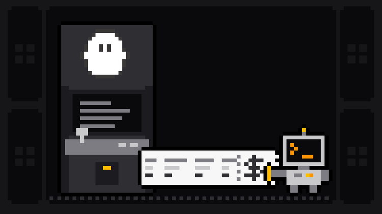 Pixel-art robot with an orange >_ on its terminal head holds the end of a long receipt with a dollar sign that prints out of an arcade cabinet bearing the white PhantomBuster ghost logo