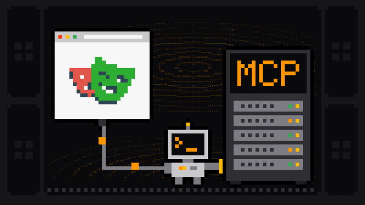 Pixel-art robot with an orange >_ on its terminal head carries a cable from a browser window showing the Playwright logo into a server rack labelled MCP