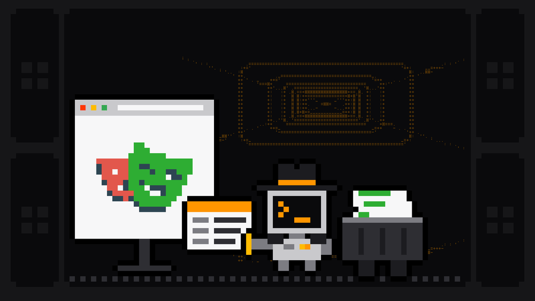 Pixel-art robot with an orange >_ on its terminal head, disguised in a dark fedora and a raised collar, pulls a data card out of a browser window showing the Playwright logo and drops it into a crate
