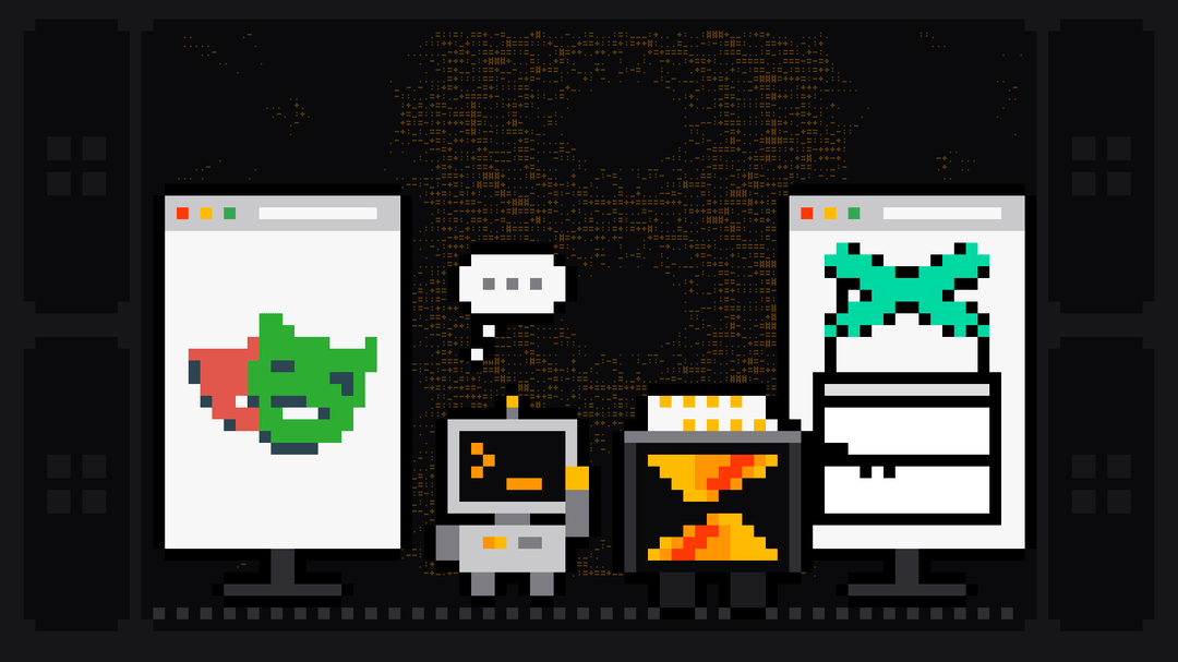 Pixel-art robot with an orange >_ on its terminal head stands thinking between two matching browser windows on stands, one with the Playwright logo and one with the green Puppeteer logo, next to a crate bearing the Scrape.ly logo