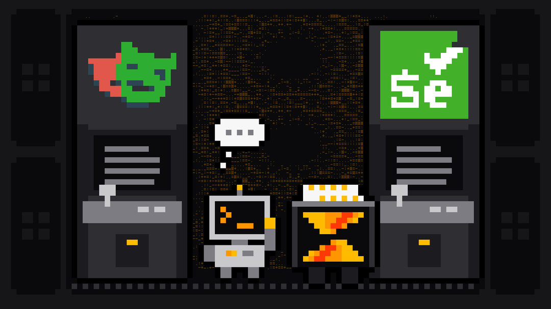 Pixel-art robot with an orange >_ on its terminal head stands thinking between two matching arcade cabinets, one with the Playwright logo and one with the green Selenium logo, next to a crate bearing the Scrape.ly logo