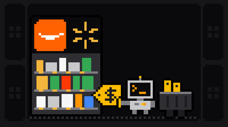 Pixel-art robot with an orange >_ on its terminal head takes a yellow price tag off a store shelf whose header shows the Amazon and Walmart logos and drops it into a crate of price tags