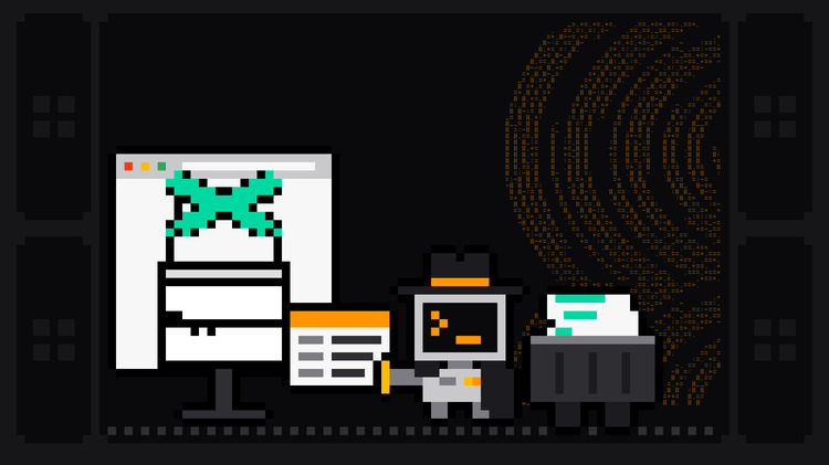 Pixel-art robot with an orange >_ on its terminal head, disguised in a dark fedora, a raised collar and a cloak, pulls a data card out of a browser window showing the green Puppeteer logo and drops it into a crate