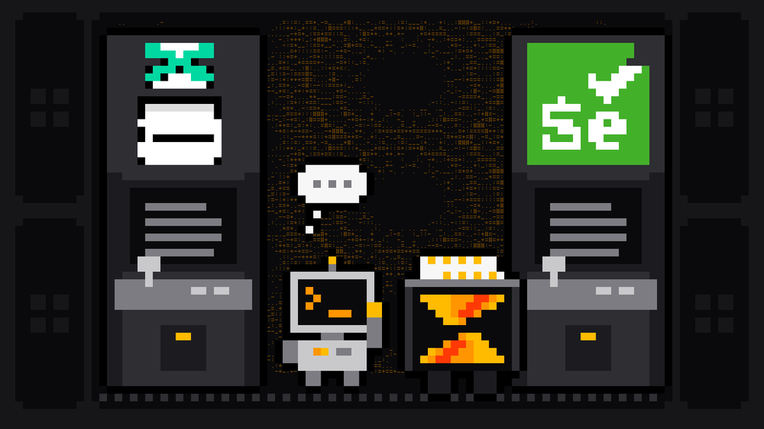 Pixel-art robot with an orange >_ on its terminal head stands thinking between two matching arcade cabinets, one with the green Puppeteer logo and one with the green Selenium logo, next to a crate bearing the Scrape.ly logo