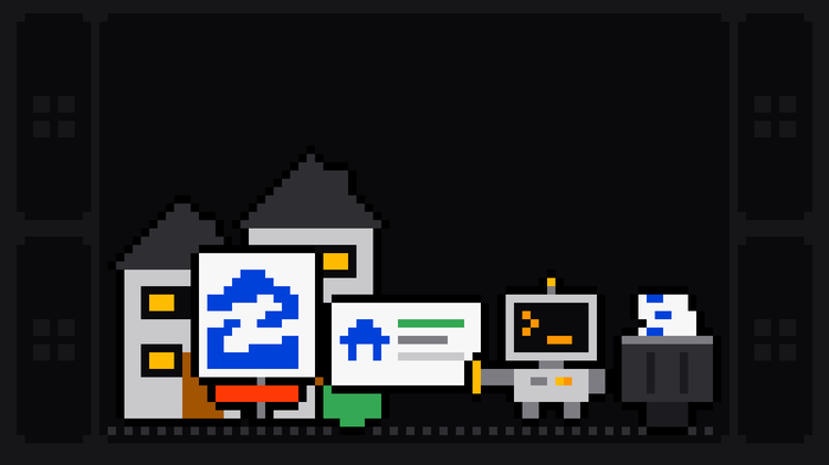 Pixel-art robot with an orange >_ on its terminal head pulls a listing card with a blue house icon off two houses at night, beside a yard sign with the blue Zillow logo over a red rider and a green bush, and drops it into a crate