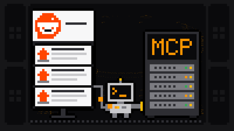 Pixel-art robot with an orange >_ on its terminal head carries a cable from a feed of posts headed by the orange Reddit logo into a server rack labelled MCP