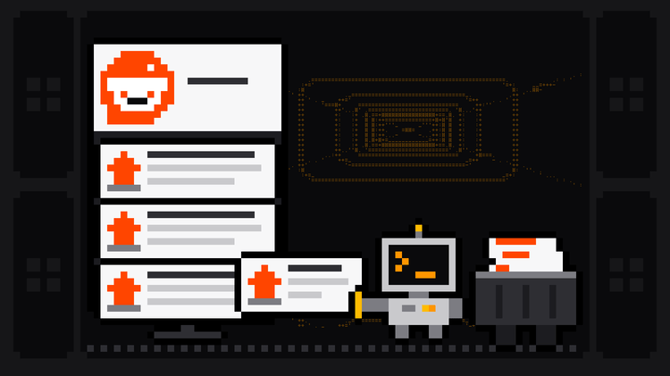 Pixel-art robot with a grey terminal head showing an orange >_ pulls a post card out of a Reddit feed, topped by the orange Reddit Snoo logo, and drops it into a crate