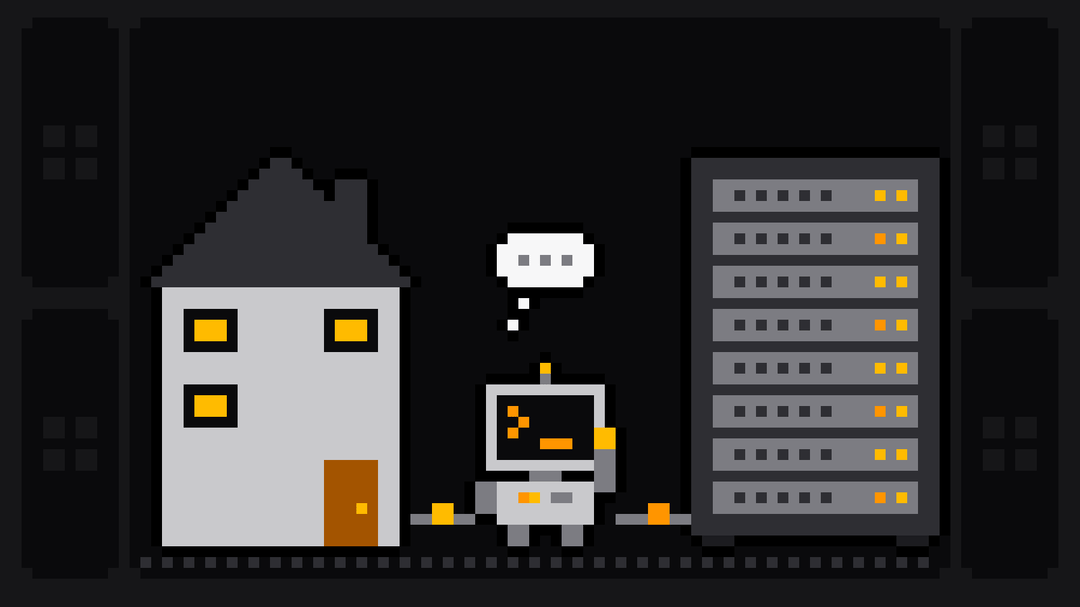 Pixel-art robot with an orange >_ on its terminal head stands thinking between a house with lit windows on the left and a server rack of the same height on the right, a cable with data packets running to it from each