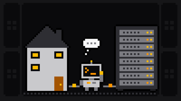 Pixel-art robot with an orange >_ on its terminal head stands thinking between a house with lit windows on the left and a server rack of the same height on the right, a cable with data packets running to it from each