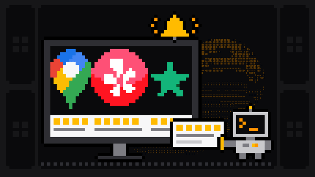Pixel-art robot with an orange >_ on its terminal head pulls a review card with gold rating squares out of a wide monitor showing the Google Maps pin, the red Yelp burst and the green Trustpilot star above rating cards, an amber alarm bell ringing on top of the monitor