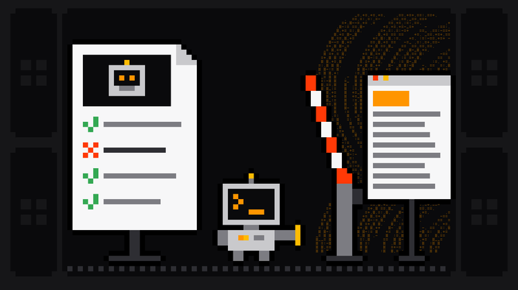 Pixel-art robot with an orange >_ on its terminal head walks away from a robots.txt file with a robot face on its plate and rule lines ticked green or crossed red, through a raised red-and-white barrier towards a web page