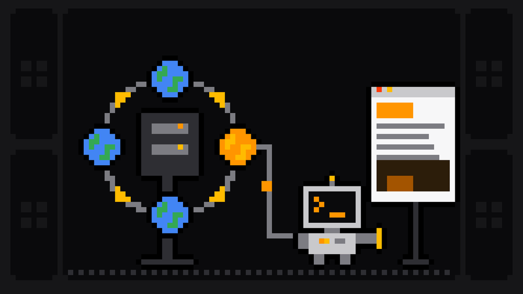 Pixel-art robot with an orange >_ on its terminal head carries a cable from the one orange-lit globe in a ring of four blue-and-green globes turning round a small server, amber arrowheads marking the rotation, towards a web page with an image block