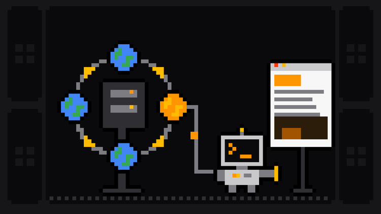 Pixel-art robot with an orange >_ on its terminal head carries a cable from the one orange-lit globe in a ring of four blue-and-green globes turning round a small server, amber arrowheads marking the rotation, towards a web page with an image block