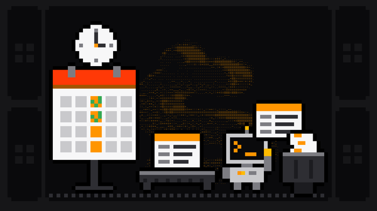 Pixel-art robot with an orange >_ on its terminal head carries a data card to a crate at the end of a conveyor belt that runs out of a wall calendar with orange scheduled days, the past ones ticked green, and a clock on top, another card riding the belt