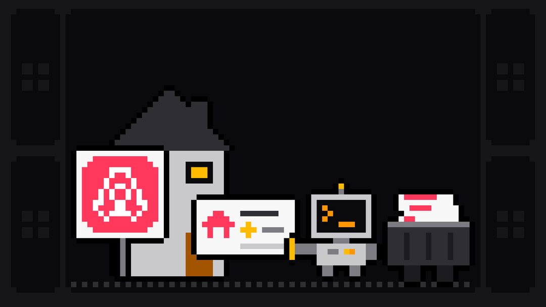 Pixel-art robot with an orange >_ on its terminal head pulls a stay listing card with a house icon and a star off a house at night, beside a yard sign with the pink Airbnb logo, and drops it into a crate