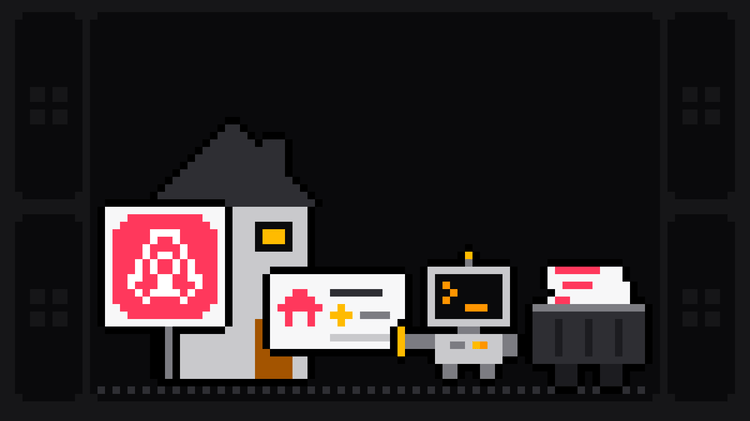 Pixel-art robot with an orange >_ on its terminal head pulls a stay listing card with a house icon and a star off a house at night, beside a yard sign with the pink Airbnb logo, and drops it into a crate