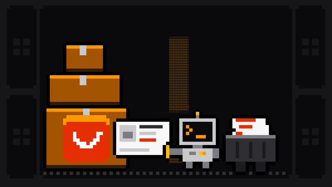 Pixel-art robot with an orange >_ on its terminal head pulls a product card with a photo and a red price out of a stack of cardboard parcels marked with the red AliExpress logo, and drops it into a crate
