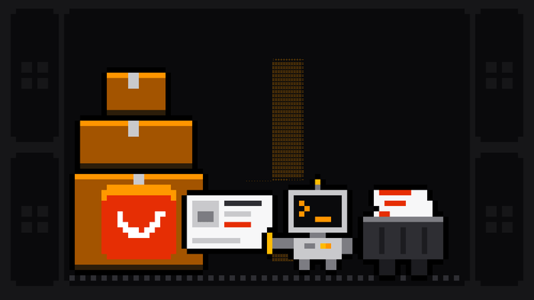 Pixel-art robot with an orange >_ on its terminal head pulls a product card with a photo and a red price out of a stack of cardboard parcels marked with the red AliExpress logo, and drops it into a crate