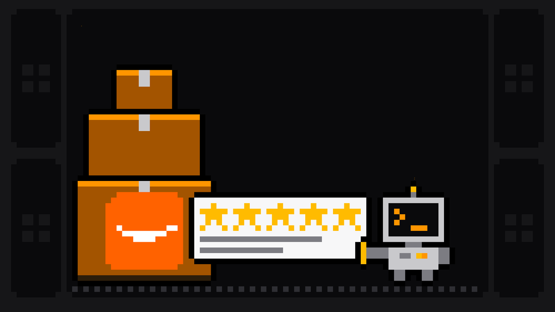 Pixel-art robot with an orange >_ on its terminal head pulls a review card with five gold stars out of a stack of cardboard boxes marked with the Amazon logo