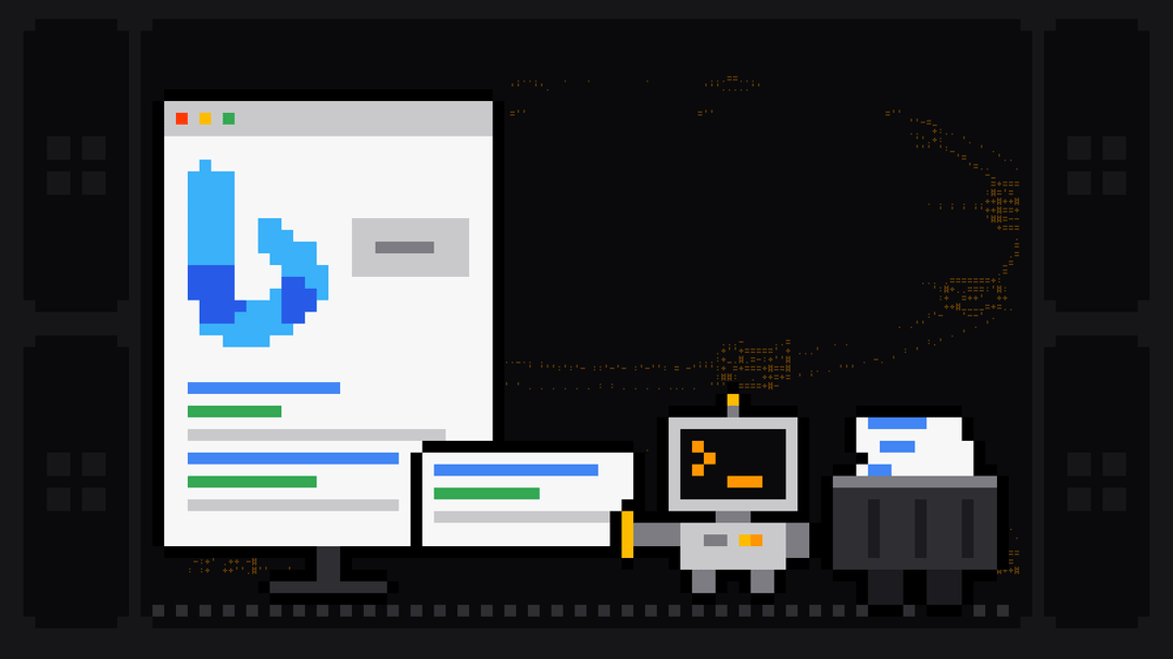 Pixel-art robot with an orange >_ on its terminal head lifts a search result off a results page headed by the blue Bing logo and a search box, and drops it into a crate