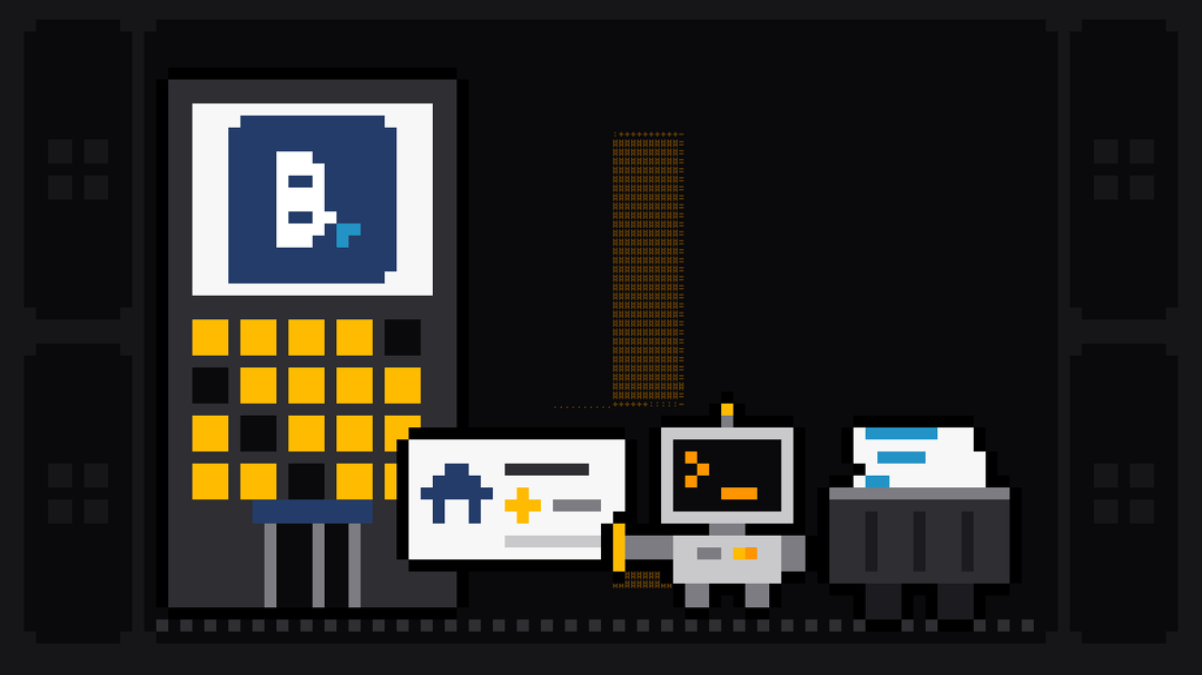 Pixel-art robot with an orange >_ on its terminal head pulls a stay card with a navy house icon and a gold star out of a hotel tower whose sign shows the navy Booking.com B. logo, and drops it into a crate