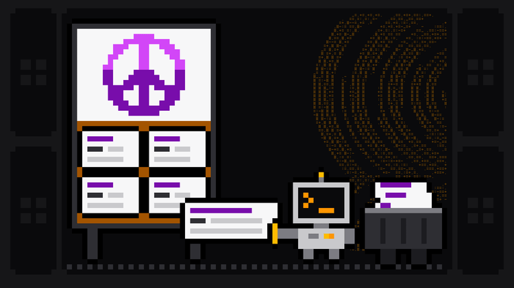 Pixel-art robot with an orange >_ on its terminal head takes a classified ad slip with a purple title off a cork board topped with the purple Craigslist peace-sign logo and drops it into a crate