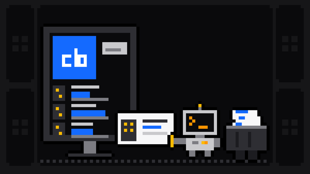 Pixel-art robot with an orange >_ on its terminal head pulls a company card with a small building and a blue line out of a monitor showing the blue Crunchbase logo above rows of company profiles with blue funding bars, and drops it into a crate