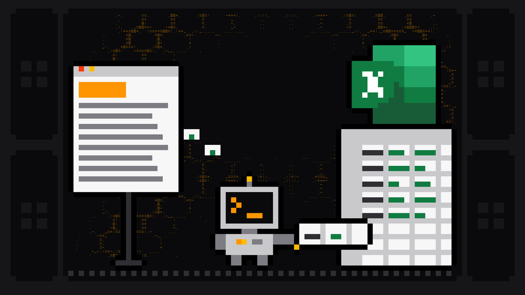 Pixel-art robot with an orange >_ on its terminal head carries a row of data from a browser page on the left to a spreadsheet marked with the green Microsoft Excel logo on the right