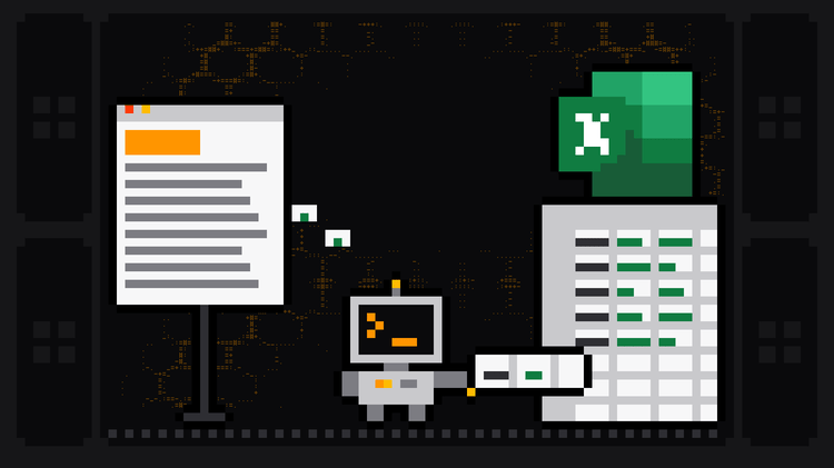 Pixel-art robot with an orange >_ on its terminal head carries a row of data from a browser page on the left to a spreadsheet marked with the green Microsoft Excel logo on the right