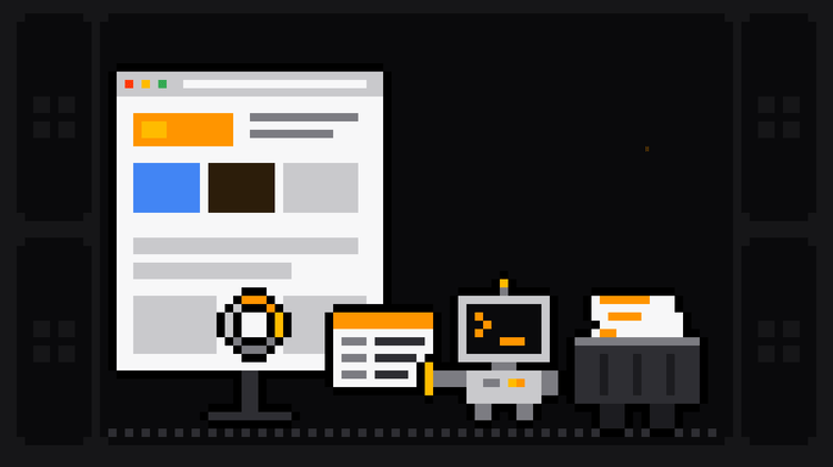 Pixel-art robot with an orange >_ on its terminal head pulls a data card out of a browser window whose page is still rendering, its top drawn and the rest grey placeholder blocks around an orange loading spinner, and drops it into a crate