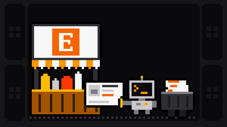 Pixel-art robot with an orange >_ on its terminal head pulls a product card with a photo and an orange price off a market stall with a striped awning, handmade goods on its counter and the orange Etsy logo on its sign, and drops it into a crate