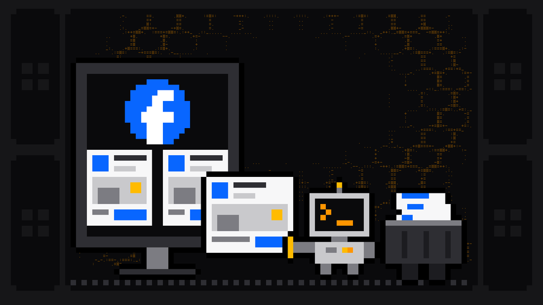 Pixel-art robot with an orange >_ on its terminal head pulls an ad card with an image and a blue button out of a monitor showing the blue Facebook logo above two more ad cards, and drops it into a crate