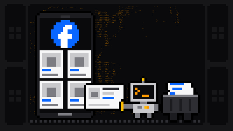 Pixel-art robot with an orange >_ on its terminal head pulls an item card with a photo and a blue price out of a phone showing the blue Facebook logo above a grid of marketplace items, and drops it into a crate