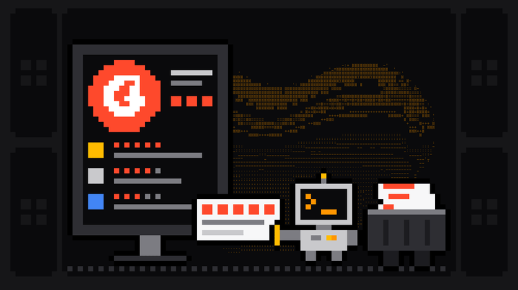 Pixel-art robot with an orange >_ on its terminal head pulls a review slip with red rating squares out of a monitor showing the red G2 logo above rows of software reviews, and drops it into a crate