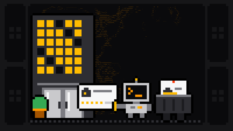 Pixel-art robot with an orange >_ on its terminal head pulls a company review card with a briefcase and five gold stars out of an office building with lit windows, two glass doors and a potted plant, and drops it into a crate of job cards