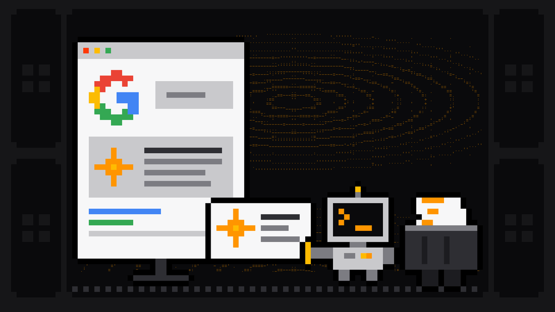 Pixel-art robot with an orange >_ on its terminal head lifts an AI overview card marked with an orange sparkle off a search page headed by the Google G logo, where an AI answer panel sits above the results, and drops it into a crate