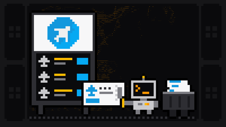 Pixel-art robot with an orange >_ on its terminal head pulls a fare card with a blue plane and price off a departure board topped with the blue Google Flights logo, and drops it into a crate